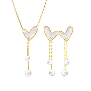 women fashion korean stainless steel shell heart imitation pearl beads dangle earring necklace set China manufacturer supplier
