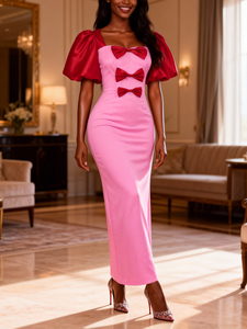 <span class=keywords><strong>Vestido</strong></span> Casual Elegante para Mujer ADR060132 con Cuello <span class=keywords><strong>Cuadrado</strong></span>, Mangas Abullonadas, Decoración de Lazo y Bloques de Color - Product Image 2