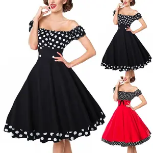 Elegant Vintage Hepburn Dress Women Black Red Off Shoulder Sleeveless A-Line Dress Female Retro Rockabilly 50s Polka Dot Dress