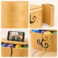 Boîte de rangement pour fil en bambou, bol à tricoter avec porte-crochet amovible et fente pour téléphone, cadeau pour les amateurs de crochet