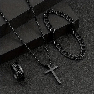 Conjuntos de Joyería de Moda de Europa y Estados Unidos Novedad Candente Cruz Cadena Anillo Pulsera Collar Juego de 3 Piezas - Product Image 1