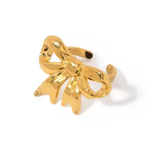 J&D Dainty 18K Gold Jewelry Bow Knot Rings Elegance Stainless Steel Chunky Bow Open Rings For Women
