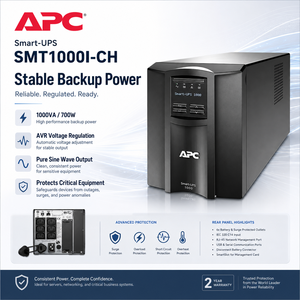Alimentation sans interruption (ASI) intelligente Schneider <span class=keywords><strong>APC</strong></span> SMT1000I-CH, interactive en ligne, 1000 VA, 700 W, tour, Smart-UPS SMT - Product Image 2