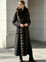 Manteau long en cachemire et laine mélangée Janveny de luxe pour femme avec grand col en vraie fourrure de renard, manches tricotées, coupe ajustée et élégante