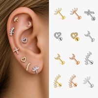 Labret à dos plat pour tragus, clou d'oreille à filetage interne en zircon et acier inoxydable, anneaux de lèvre, cartilage, hélix, bijoux de piercing tendance