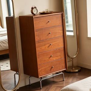 Commode haute à 5 tiroirs en bois massif de qualité supérieure, grand rangement vertical, style vintage du milieu du siècle, en noyer, avec pieds en métal pour chambre à coucher L - Product Image 4