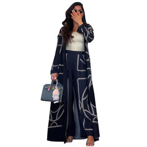 Op maat gemaakte nieuwste Abaya moslim bescheiden jurken 2-delige broekset lange mouwen open Abaya Turkije print Abaya dames moslimjurk - Product Image 5