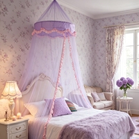 Moustiquaire suspendue pliable Squalsi en polyester 100% pour toutes saisons, avec rideau de lit à volants en satin violet rose