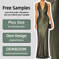 Robe longue d'été élégante en satin vert olive, taille naturelle, col en V profond, dos nu, tenue de soirée de luxe discrète, personnalisable ODM