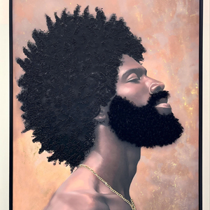 Arte Texturizado en 3D <span class=keywords><strong>de</strong></span> Retrato Masculino Afrocentrífico sobre Lienzo - Decoración <span class=keywords><strong>de</strong></span> Pared Moderna con Marco Negro y Detalles <span class=keywords><strong>de</strong></span> Cadena Dorada - Product Image 1