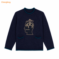 Designer-Pullover für Herren Unisex Retro Surrealer Widder-Stickerei Kontrastbesatz Langer Raglan-Ärmel Rundhals-Pullover