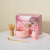 Ensemble de matcha en céramique de style japonais, 7 pièces, motif fleurs de cerisier, avec bol à matcha, bec verseur et fouet à thé, dans un coffret cadeau pour la préparation du thé