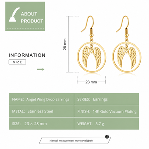 Boucles d'oreilles pendantes Ailes d'Ange en Acier Inoxydable Plaqué Or 14K par Galvanoplastie Sous Vide, Cercle Ajoure, 23 x 28 mm, 3,7 g - Product Image 3
