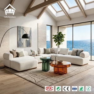 Ensemble de canapés modulaires en forme de L en tissu bouclé avec table en bois intégrée, canapé sectionnel, personnalisation complète pour projets de villas et de maisons de luxe - Product Image 2