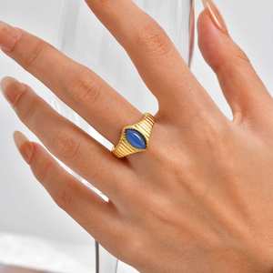 2025 European American Simple Women's Stainless Steel 18K Gold Plated Marquise Cat's Eye Stone <strong>Opal</strong> Band <strong>Ring</strong> - Product Image 2