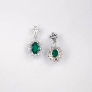 925 Silver Oval <b>Emerald</b> Halo Drop <b>Stud</b> <b>Earrings</b> - Product Image 1