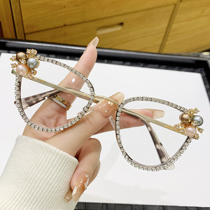 Montures de lunettes œil-de-chat décoratives pour femmes avec strass et perles, monture complète carrée, sans correction, protection anti-lumière bleue - Product Image 2