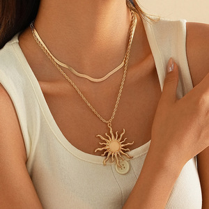 In Stock Exaggerate Sun Goddess Pendant Necklace <strong>Stainless</strong> <strong>Steel</strong> Sunflower Layered Chain Hip Hop Bar <strong>Jewelry</strong> Daily Wear - Product Image 4
