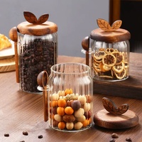 Pot de rangement en verre rayé couvercle en bois cuillère en acier inoxydable cuisine herbe épices pot de stockage des aliments livraison directe poids léger