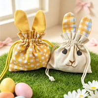 Sacs cadeaux en lin à cordon avec oreilles de lapin de dessin animé, pochettes à bonbons mignonnes brodées avec oreilles de lapin de Pâques, queue en pompon moelleuse
