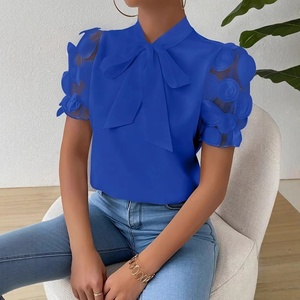 Blusas para Mujer Tallas S-2XL, Blusa Moderna <span class=keywords><strong>con</strong></span> Cuello Redondo y Parches de Malla, Manga Corta <span class=keywords><strong>con</strong></span> Lazo en el Cuello, Tops de Manga Corta, Camisetas - Product Image 4