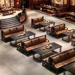 Conjunto de Sofás de Cuero PU Marrón Vintage para Restaurante, Mesa de Comedor de Metal Negro, Muebles de Comedor para <span class=keywords><strong>Bistro</strong></span>, Bar, Cafetería - Product Image 2