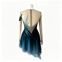 Robe de patinage artistique dégradé vert-bleu foncé, épaules dénudées, en maille à manches longues, ornée de strass, pour filles et adultes, pour compétition et performance
