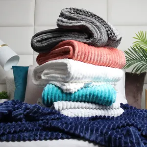 Super Macio Na Moda Cozy Plush Home Textile Tecido De Malha Jacquard Stripe Ribbed Faux Rabbit Fur Throw Blanket