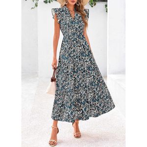 FOXA Vestido midi floral para mujer, manga corta, cuello en V, volantes, corte en A, estilo bohemio, informal, para vacaciones en la playa - Product Image 6