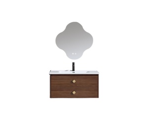 Ensemble de meuble-lavabo moderne en bois massif flottant avec miroir à éclairage tactile et fonctions anti-buée - Product Image 1