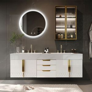 Meuble-lavabo de salle de bain moderne et élégant, blanc laqué brillant, avec vasque en céramique, LED, écologique, mural, pour villa - Product Image 1