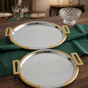 Ensemble de plateaux de service rectangulaires en métal incrusté d'or de luxe, gravés, durables, pour les fêtes - Product Image 2