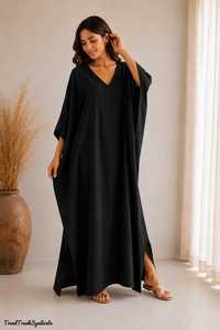 Black Linen Cotton <b>Kaftan</b> Dress Women Maxi A-Line V-neck Eco-Friendly Belt Boho Resort Vacation Beach Wear B2B Wholesale Supply - Product Image 5