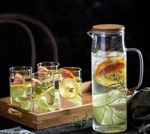 Pichet à thé glacé en verre avec couvercle en bois de bambou Couvercle de passoire en acier inoxydable Grande bouilloire en verre avec poignée - Product Image 2