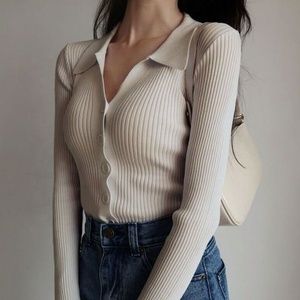 Suéter de Punto para Mujer, Otoño-Invierno 2024, Nuevo Estilo, Cuello Camisero con Botones, Manga Larga, Corte Ajustado y Color Sólido - Product Image 3