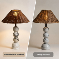 Lampe de table, lampe de chevet, abat-jour en rotin, base en marbre naturel, E27, fer tissé à la main, salon, chambre à coucher, table d'appoint, console, salon