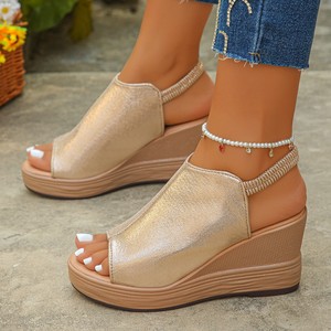 <span class=keywords><strong>Sandales</strong></span> pour femmes, style coréen tendance, nouvelle collection été 2025, bout ouvert, talon compensé, grande taille, dessus en PU, fermeture élastique - Product Image 1
