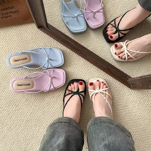 Casual Toe Wedge for Summer <b>Flat</b> Bottom Design Bow Thick Bottom <b>Sandals</b> Women's Shoes Elegant Outwear Fashion All-Match - Product Image 3