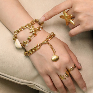 Spring Summer Beach Starfish <b>Bracelet</b> Ring Set 18k Gold Plated <b>Shell</b> Jewelry Women's Party Fashion - Product Image 1