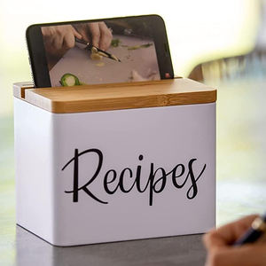 Metal <strong>Recipe</strong> <strong>Box</strong> With Cards and Dividers - White Metal Body, Wooden Lid with Phone Holder and <strong>Recipe</strong> Card Holder - Product Image 1
