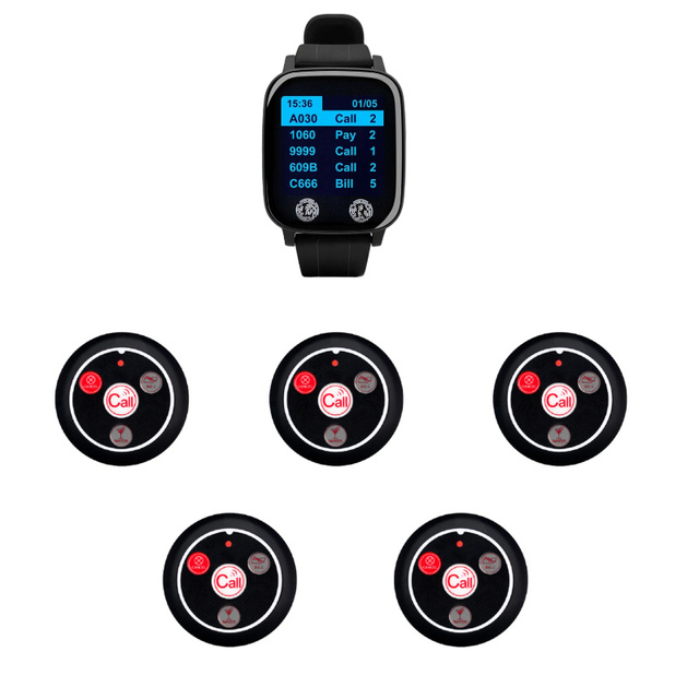 Smart Queue List Wrist Watch Pager System | 1 Pc Watch Receiver + 5 Table Call Buttons