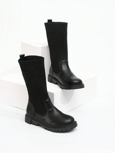 Kids Winter Fashion Solid Color Leather Knitted Over Ankle <b>High</b> Leg Children Long Boots - Product Image 4