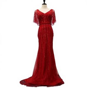 Robes bordeaux 2020 longues sans manches en tulle respirant avec traîne, pour soirée, ornées de cristaux - Product Image 4