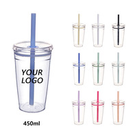 Gobelet réutilisable 450 ml en Tritan avec paille pour Bubble Tea et café, sans BPA, en plastique AS, tasse de voyage multicolore avec couvercle anti-fuite