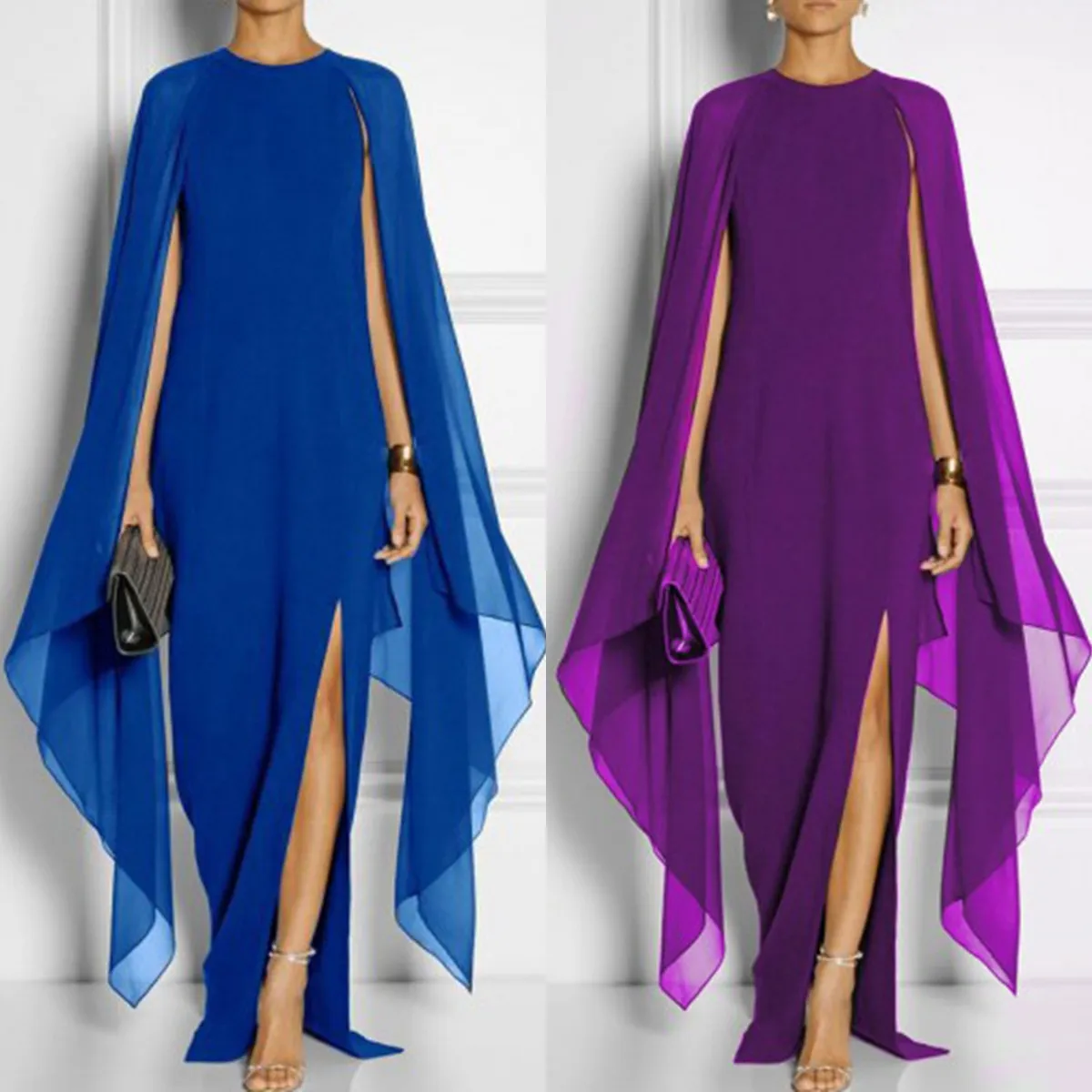 S2053 Direkt vertrieb Dinner Party Einfarbige Chiffon Cape Sleeves Split Fashion Kleid Frauen