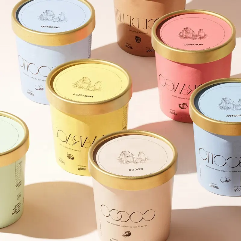 Gelas Es Krim Sekali Pakai dengan Kertas Tutup Datar 100% Gelas Kertas Dapat Terurai Logo Kustom Kertas Cetak Cangkir Es Krim