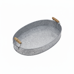 ถาดเสิร์ฟโลหะชุบสังกะสีทรงกลมพร้อมด้ามจับไม้ถาดตกแต่งบ้านไร่ - Product Image 1
