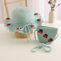 Conjunto de Sombrero de Paja de Ala Ancha y Bolso de Hombro con Diseño de Cerezas de Verano, para Adultos, Casual, para Viajes al Aire Libre, con Rayas, Lindo, Unisex, 3D
