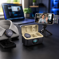 Mini microphone cravate sans fil à bouton rond, double micro de col, avec étui de charge LED pour smartphone, streaming en direct et vlogging