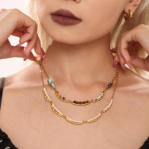 Elegante Set di <span class=keywords><strong>Collana</strong></span> e Bracciale Fatto a Mano in Acciaio Inossidabile <span class=keywords><strong>con</strong></span> Perle e <span class=keywords><strong>Pietre</strong></span> Naturali per Uso Quotidiano Femminile - Product Image 2